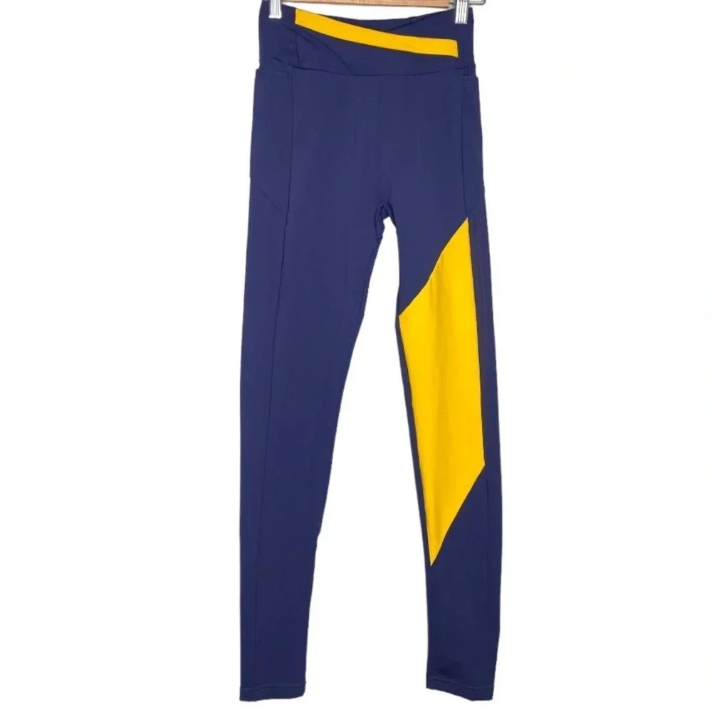 Gymshark Navy Blue Yellow High Rise Asymmetrical Crossover Leggings Size Small